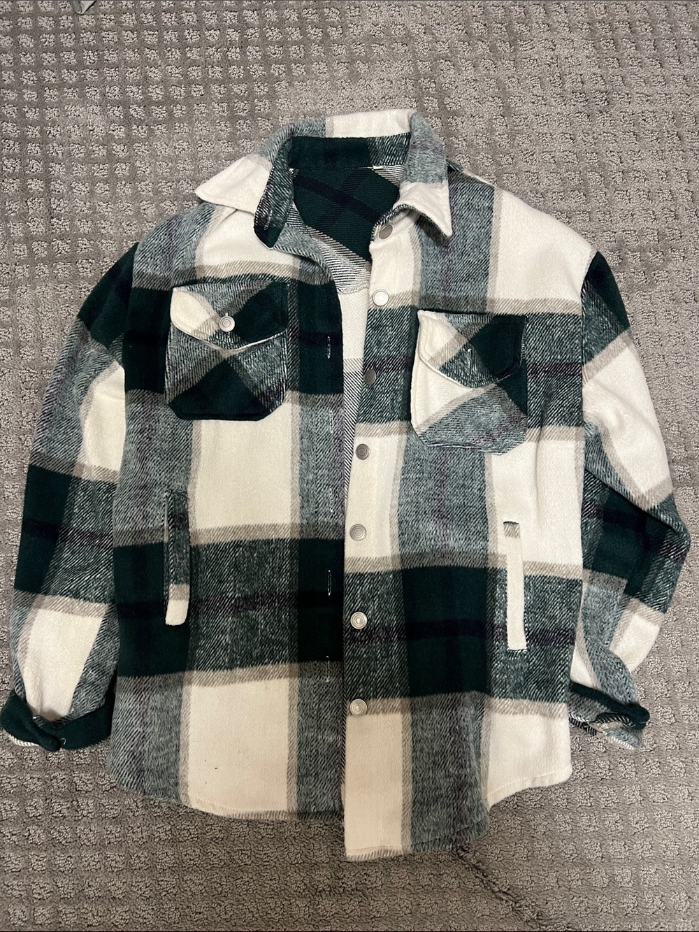 Plaid Button-Up Shacket in Forest Green and Cream